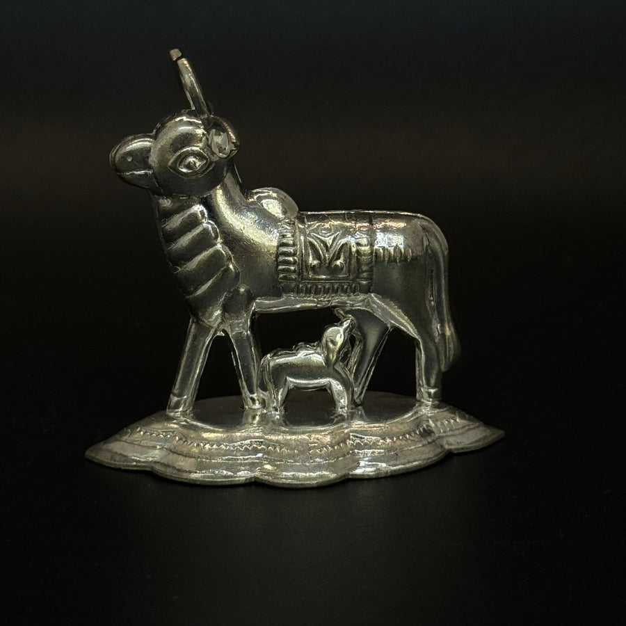 Cow and Calf Idol for Pooja | Kamdhenu Gau MATA Silver Color | Figurine showpiece Divine Pooja Gift décor - Master JewellersSilver Statue